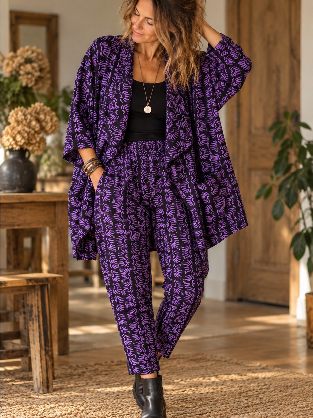 Kaliyana Artwear Purple Black Cotton Jacket Pants Set S Oversized Lagenlook